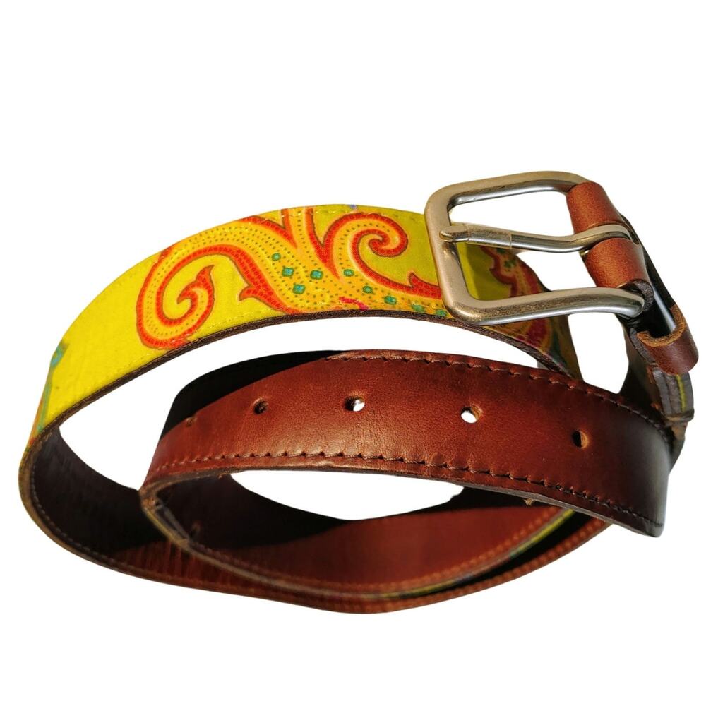 Neon Green Floral Waxed Canvas on Brown Leather  Belt Size 36 by HEALgoods USA